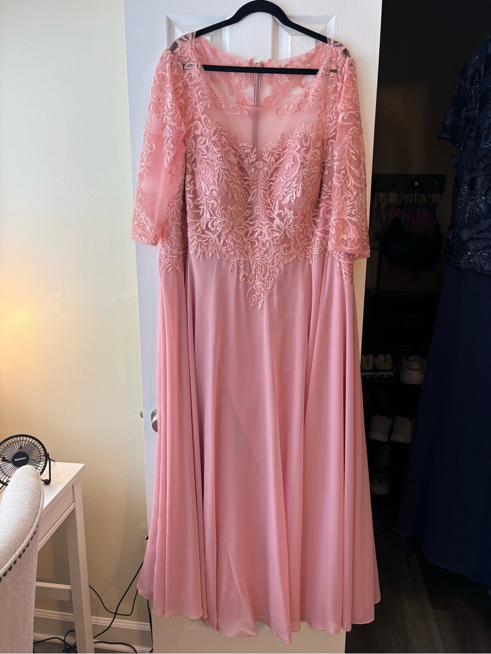 JJs House Dusty Rose Lace A-Line Evening Gown